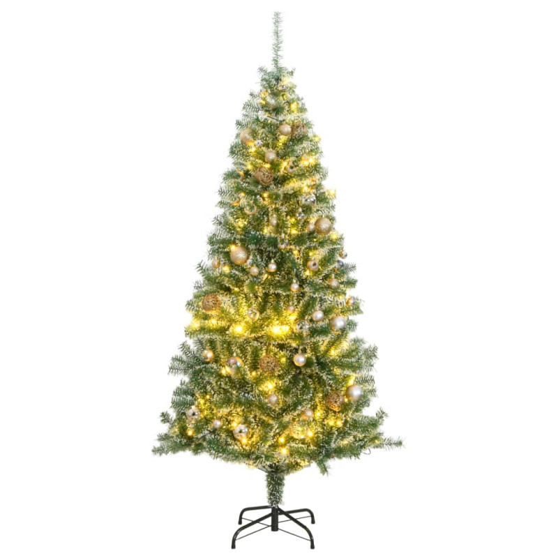 Sztuczna choinka z 300 LED, bombkami i śniegiem, 240 cm