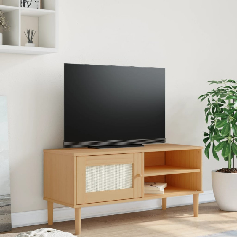 Szafka TV SENJA, z plecionką, brązowa, 106x40x49 cm, sosnowa