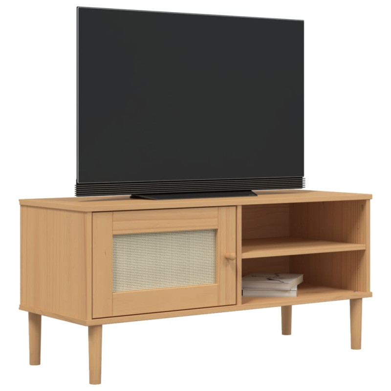 Szafka TV SENJA, z plecionką, brązowa, 106x40x49 cm, sosnowa