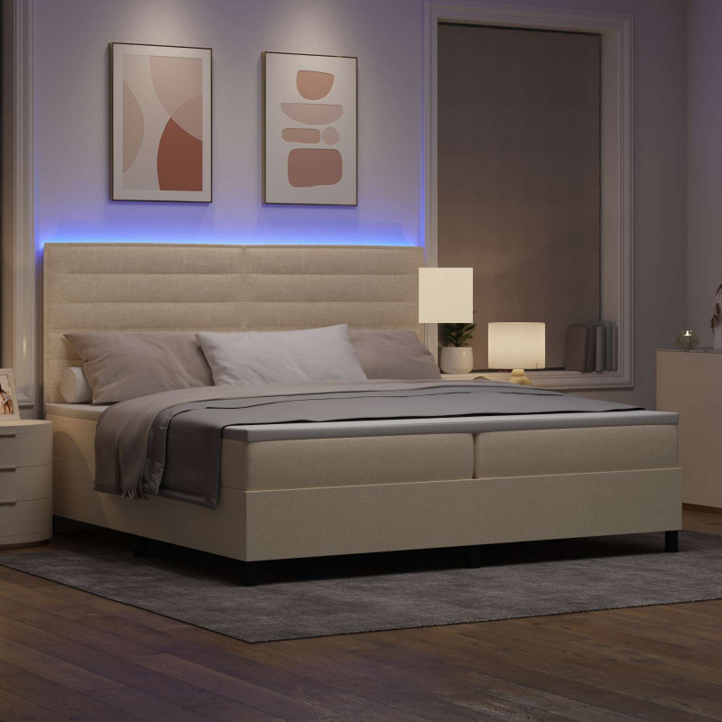 Łóżko sprężynowe z materacem z LED Kremowy 200 x 200 cm tkanina