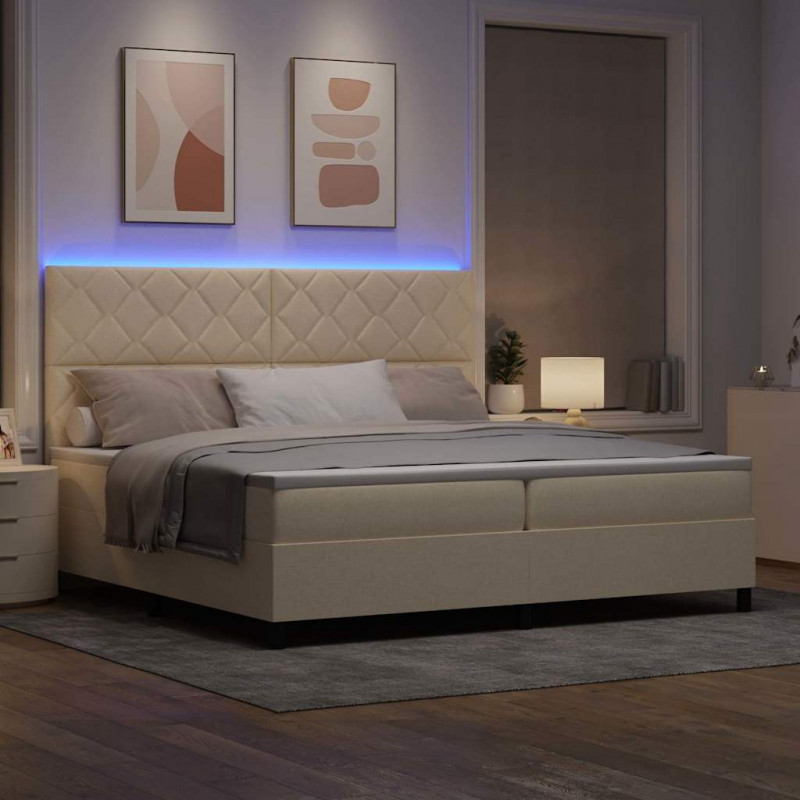 Łóżko sprężynowe z materacem z LED Kremowy 200 x 200 cm tkanina