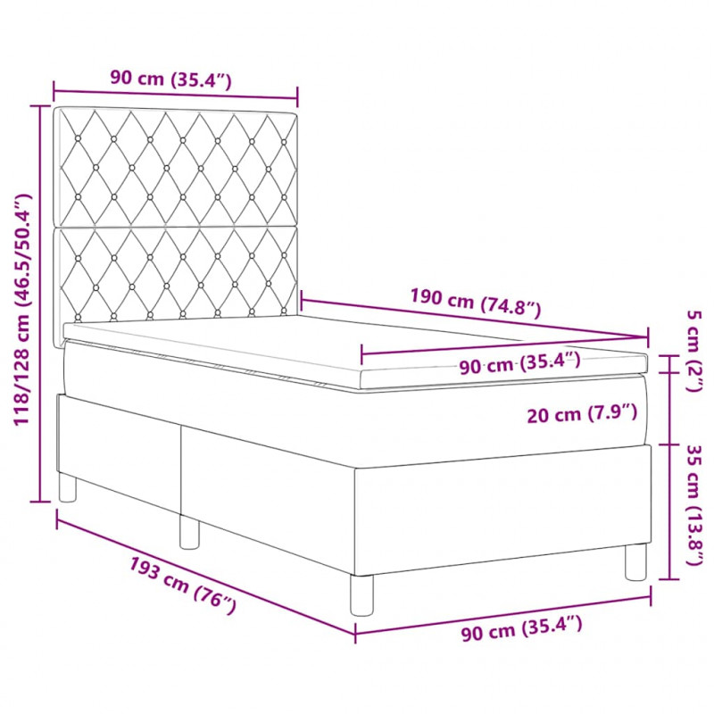 Łóżko z sprężyną LED Ciemnoszary 90 x 190 cm Aksamit