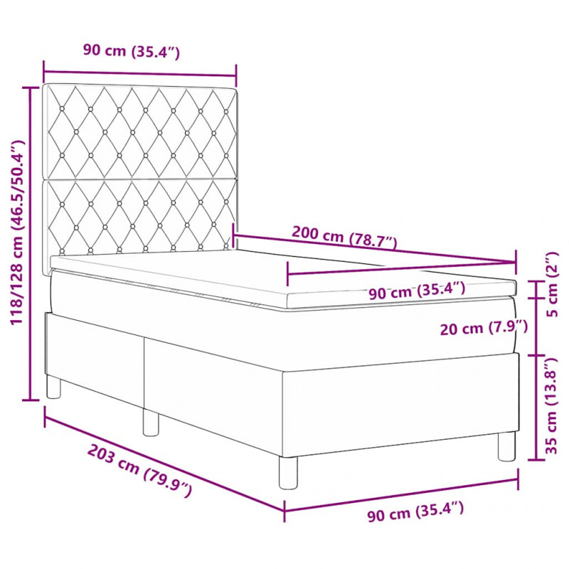 Łóżko z sprężyną LED Ciemnoszary 90 x 200 cm Aksamit