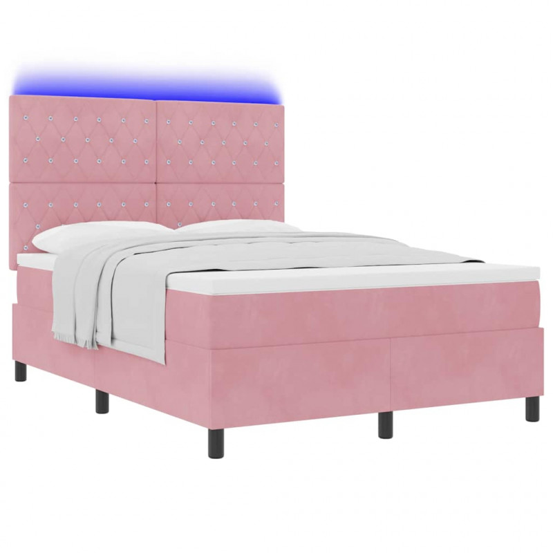 Łóżko z sprężyną LED z materacem Różowy 140 x 200 cm Aksamit