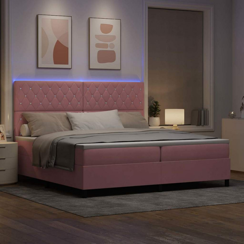 Łóżko z sprężyną LED z materacem Różowy 200 x 200 cm Aksamit
