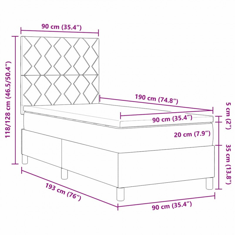 Łóżko z sprężyną LED Ciemnoszary 90 x 190 cm Aksamit