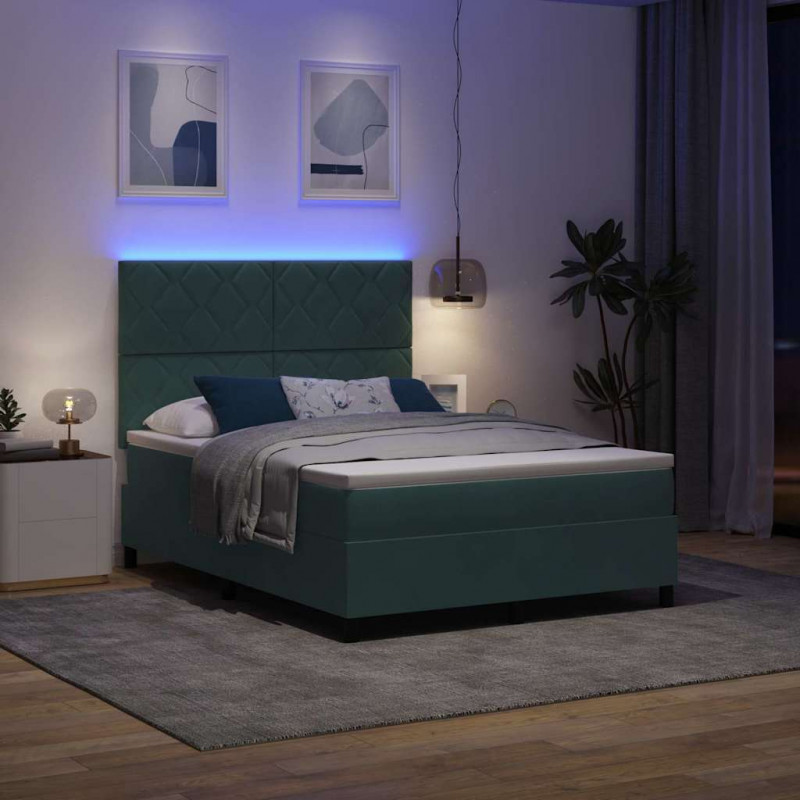 Łóżko z sprężyną LED Ciemna zieleń 140 x 200 cm Aksamit
