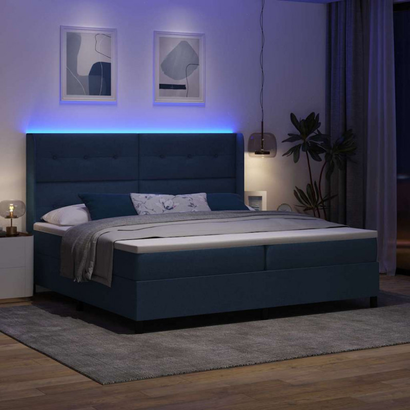 Łóżko z sprężyną LED z materacem Niebieski 200 x 200 cm tkanina