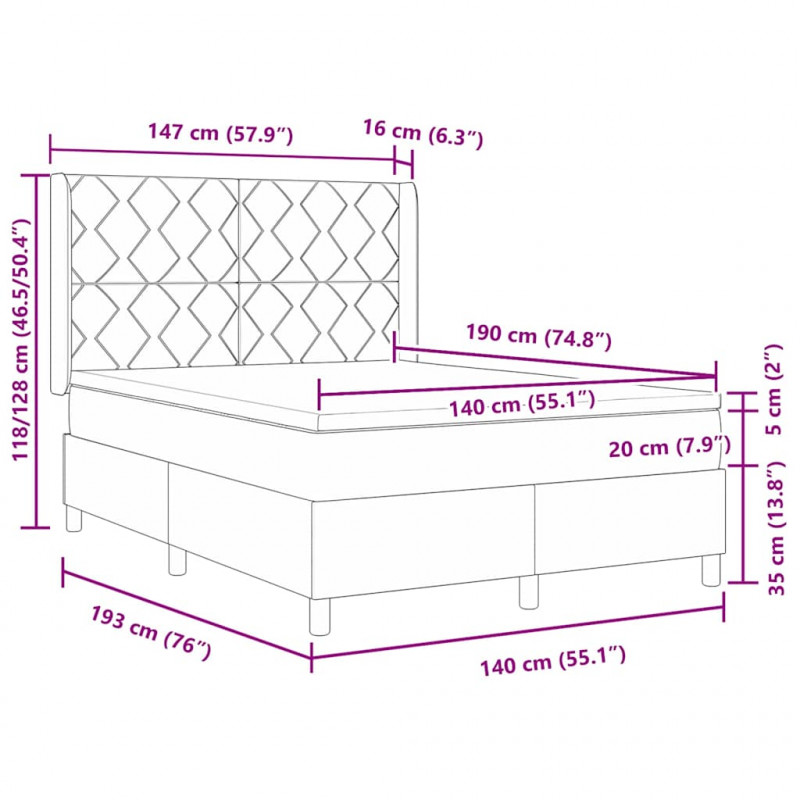 Łóżko sprężynowe Ze LED Lights Jasnoszary 140 x 190 cm Aksamit