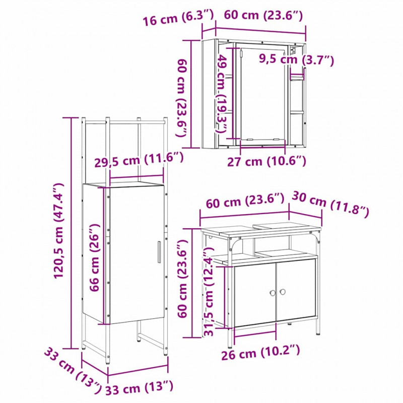 Zestaw mebli łazienkowych 3 pcs Brązowy Materiał drewnopochodny