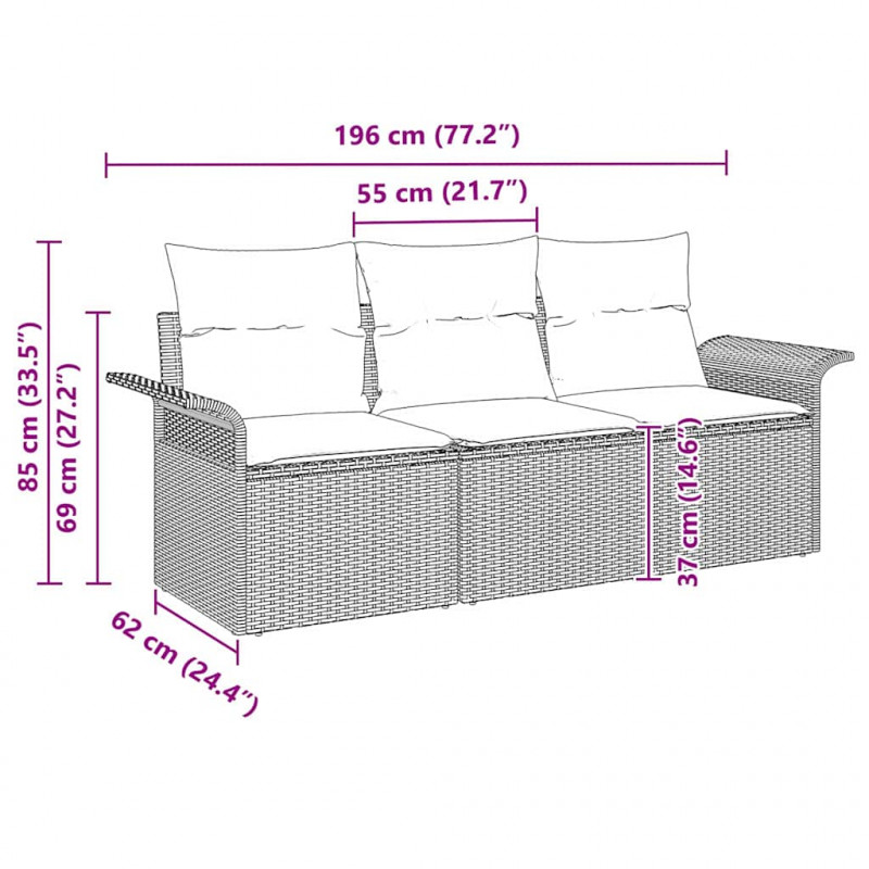 Zestaw Sof z poduszką 3 pcs Czarny polirattan