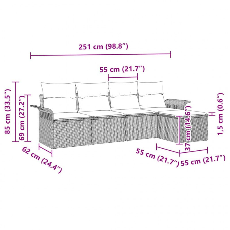 Sofa na zewnątrz z poduszką 5 pcs Beżowy polirattan
