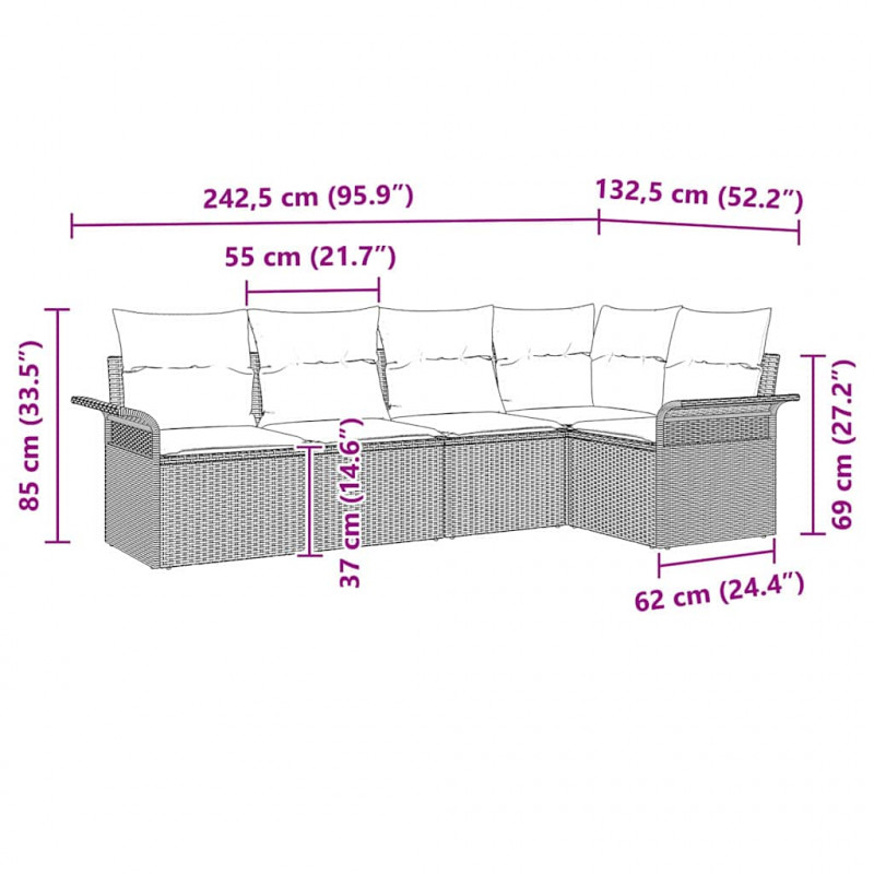 Zestaw Sof na Ogród z poduszką 5 pcs Czarny polirattan