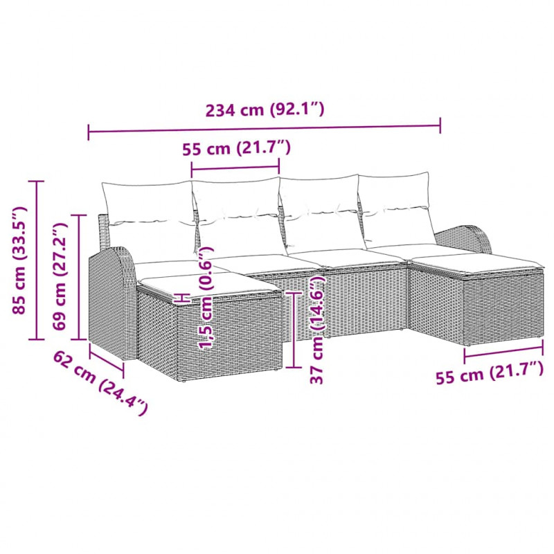 Zestaw Sof na Ogród z poduszką 6 pcs Beżowy Rattan poli