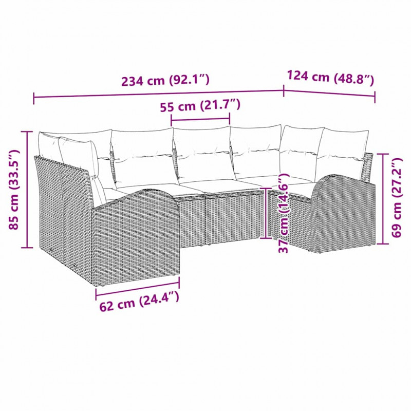 Zestaw Sof na Ogród z poduszką 6 pcs Szary Rattan poli