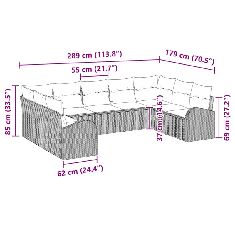 Zestaw Sof z poduszką 9 pcs Brązowy Rattan poli