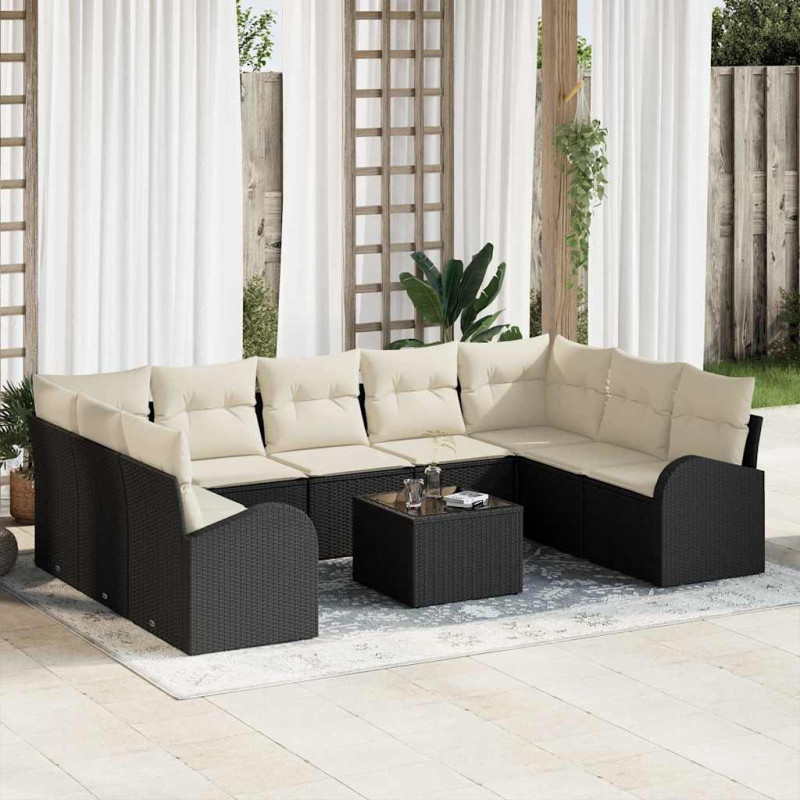Zestaw Sof z poduszką 10 pcs Czarny Rattan poli