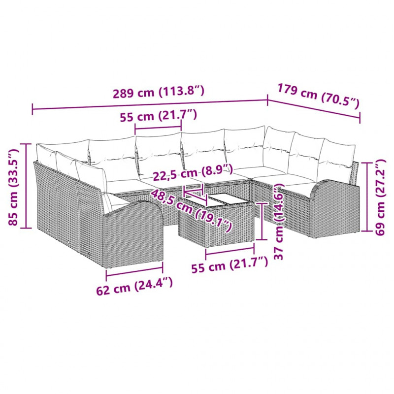 Zestaw Sof z poduszką 10 pcs Beżowy Rattan poli