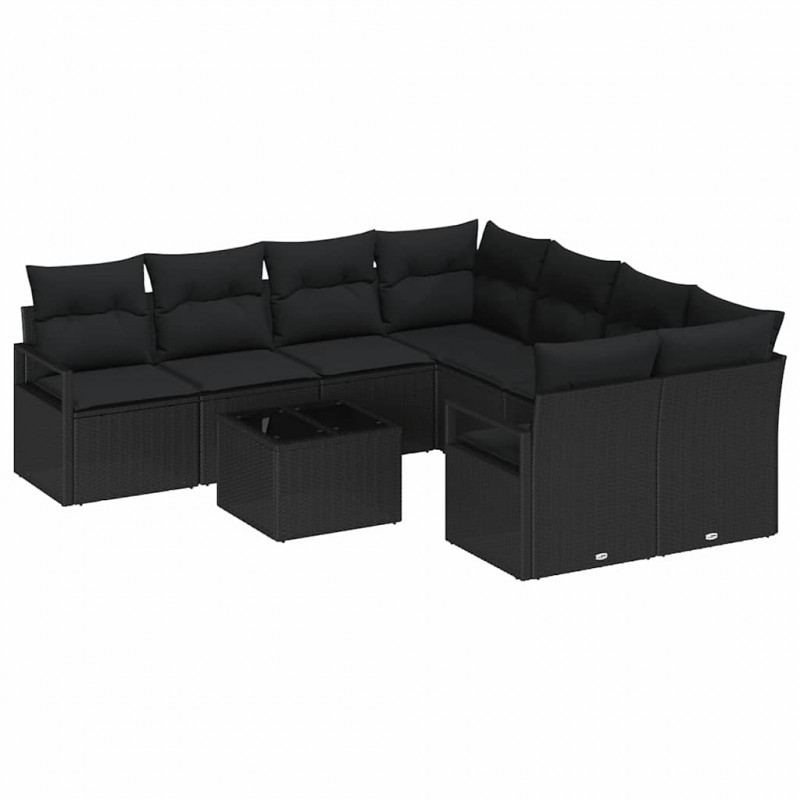 Zestaw Sof z poduszką 9 pcs Czarny polirattan