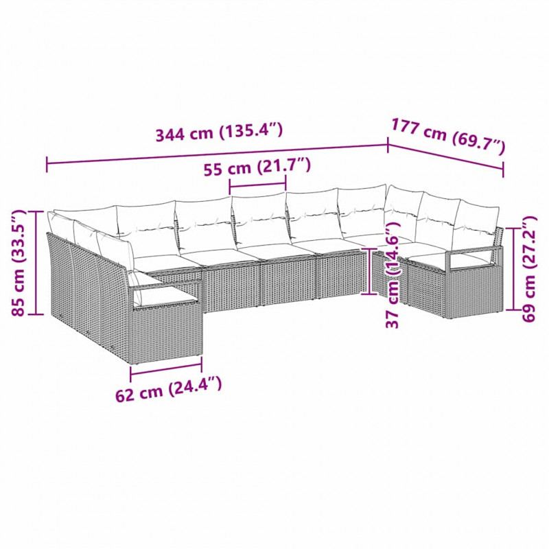 Zestaw Sof z poduszką 10 pcs Czarny polirattan