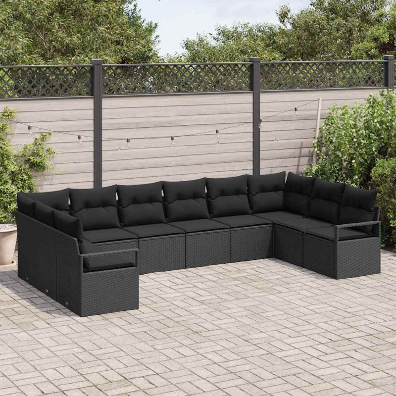 Zestaw Sof z poduszką 10 pcs Czarny polirattan