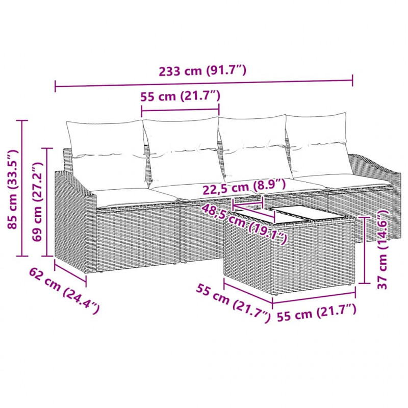 Zestaw Sof z poduszką z poduszką 5 pcs Jasnoszary polirattan