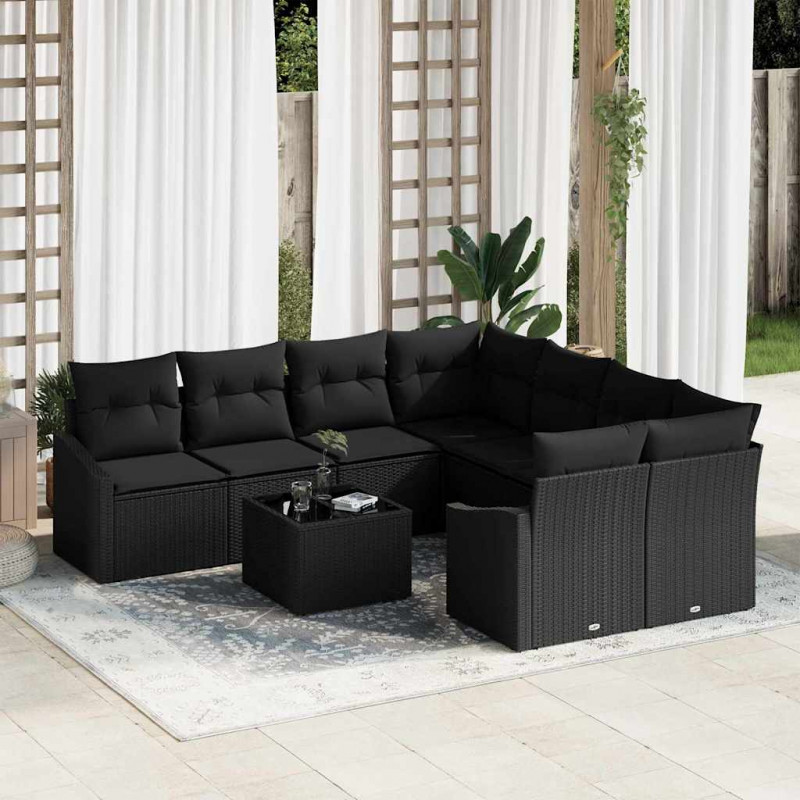 Zestaw Sof z poduszką z poduszką 9 pcs Czarny polirattan