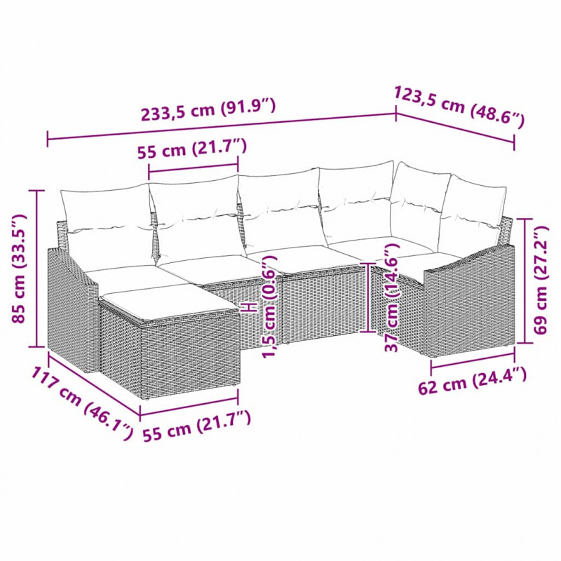 Zestaw Sof z poduszką 6 pcs Czarny polirattan