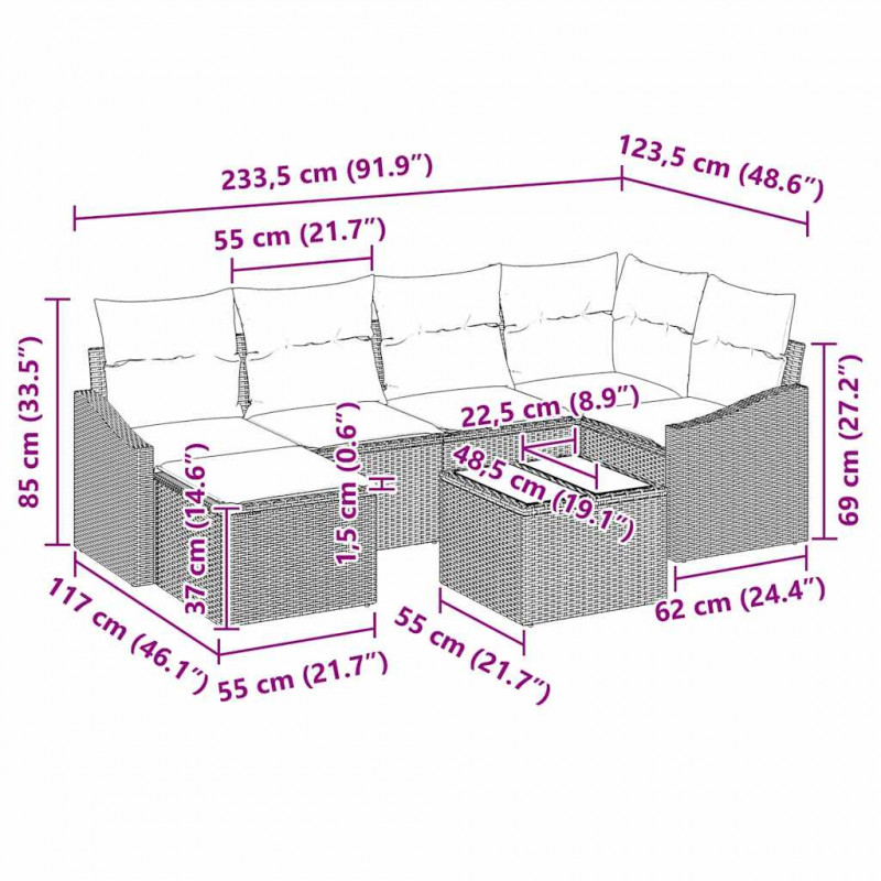 Zestaw Sof z poduszką 7 pcs Czarny polirattan