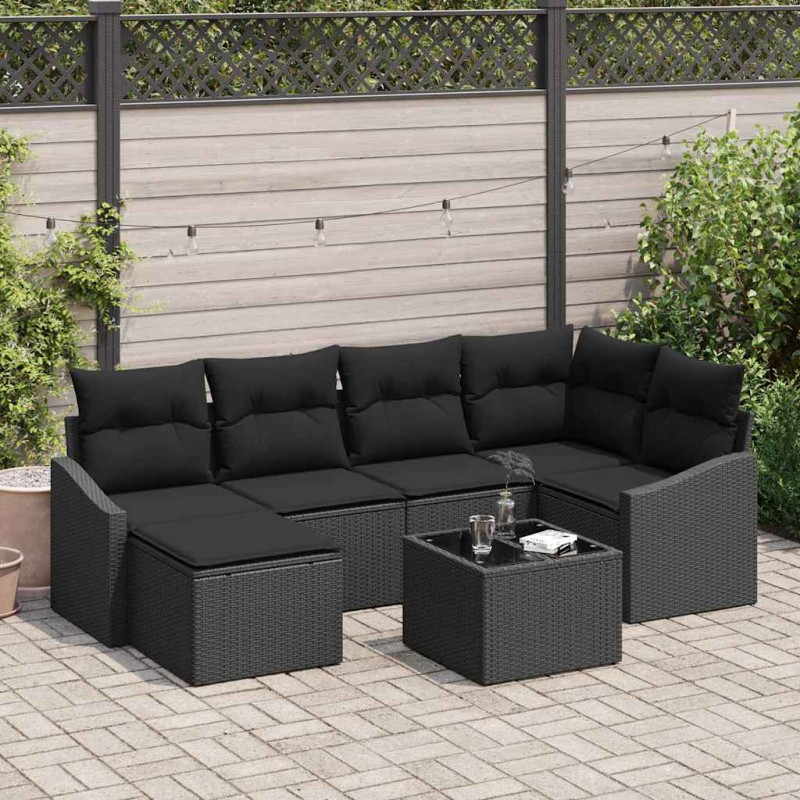 Zestaw Sof z poduszką 7 pcs Czarny polirattan