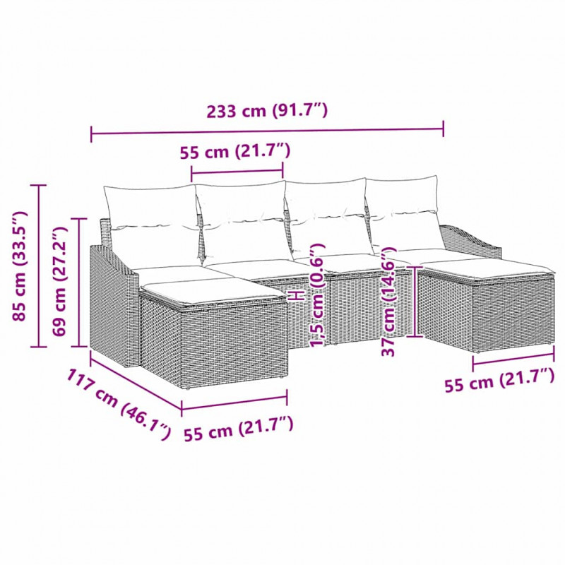 Zestaw Sof z poduszką 6 pcs Jasnoszary polirattan