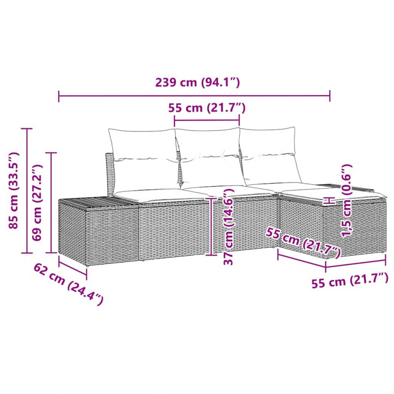 Zestaw Sof na Ogród z poduszką 4 pcs Szary polirattan