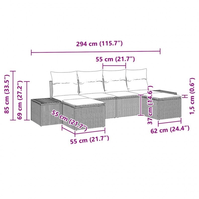 Zestaw Sof na Ogród z poduszką 6 pcs Beżowy polirattan