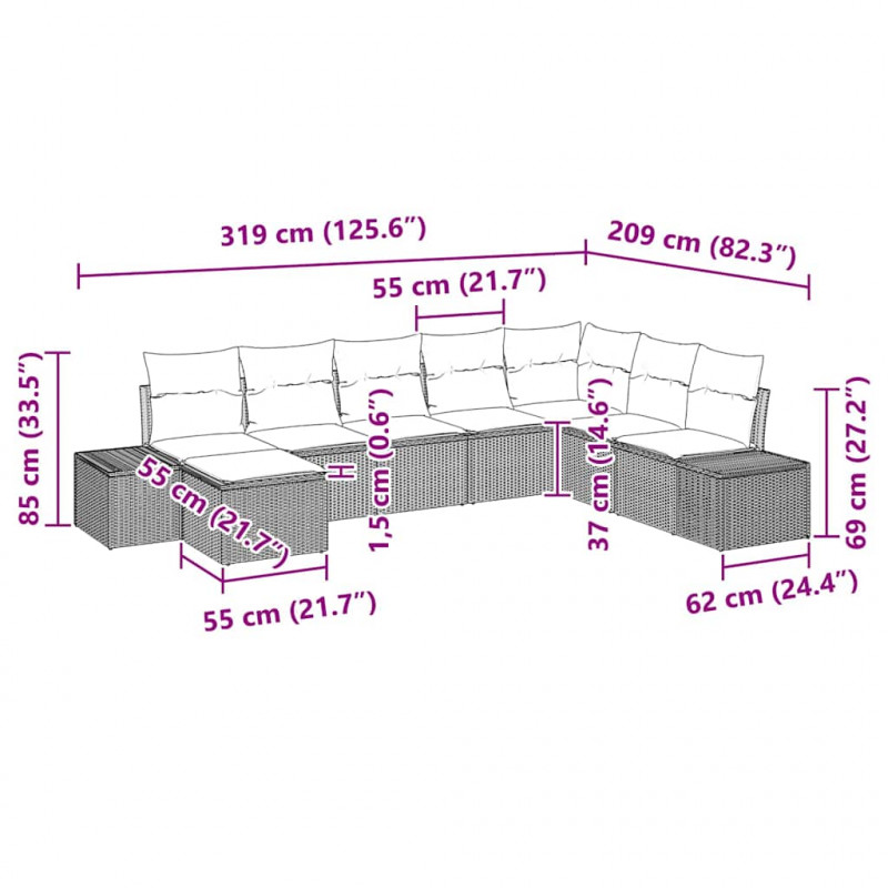 Zestaw Sof na Ogród z poduszką 8 pcs polirattan