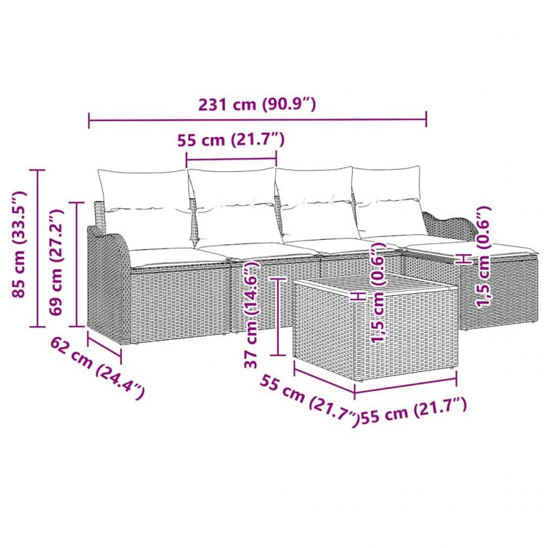 Zestaw Sof na Ogród z poduszką 6 pcs Beżowy polirattan