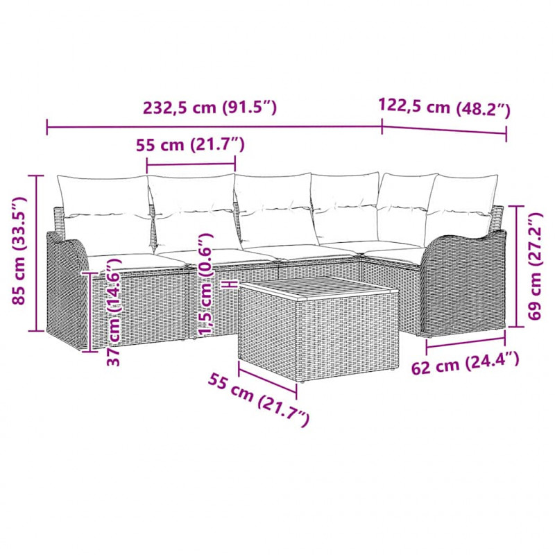 Zestaw Sof na Ogród z poduszką 6 pcs Szary polirattan