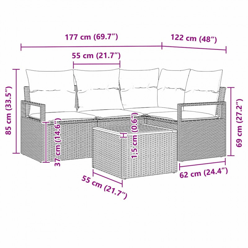 Zestaw Sof na Ogród z poduszką 5 pcs Beżowy polirattan