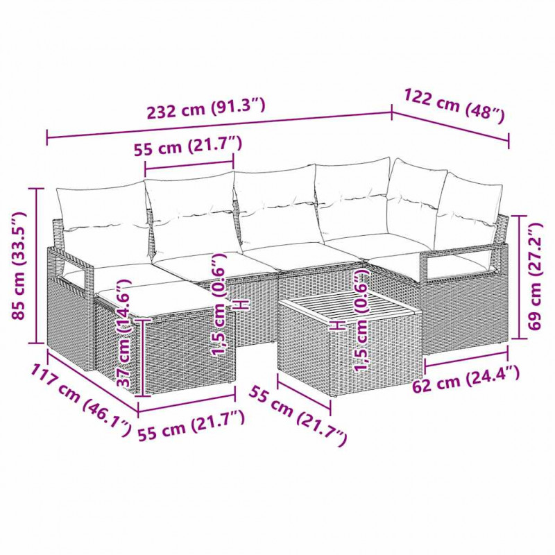 Zestaw Sof na Ogród z poduszką 7 pcs Beżowy polirattan