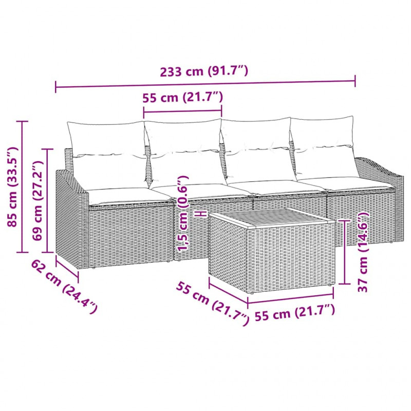 Zestaw Sof na Ogród z poduszką 5 pcs Beżowy polirattan