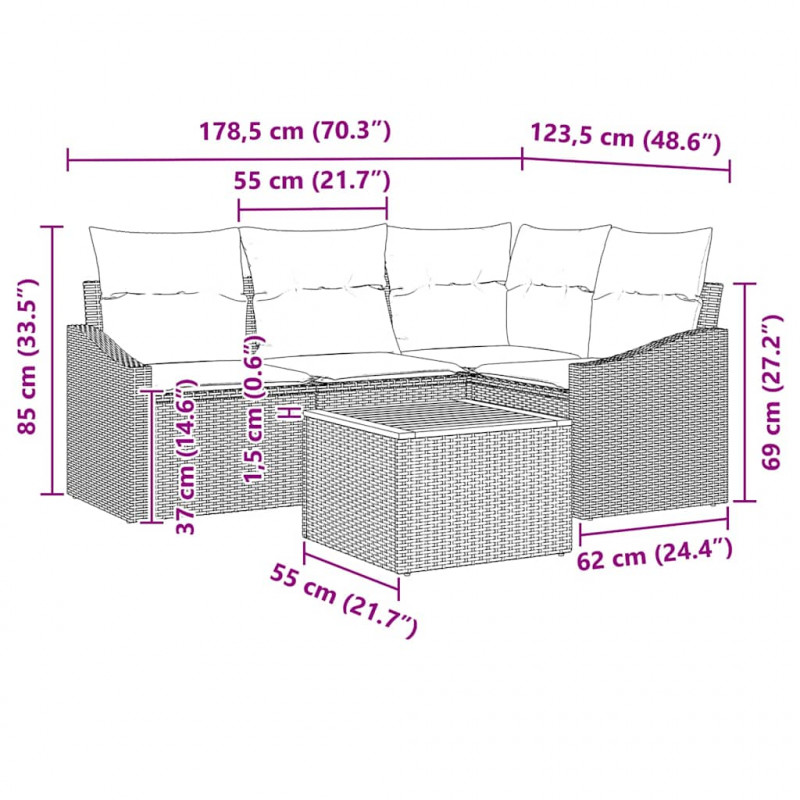 Zestaw Sof na Ogród z poduszką 5 pcs Czarny polirattan