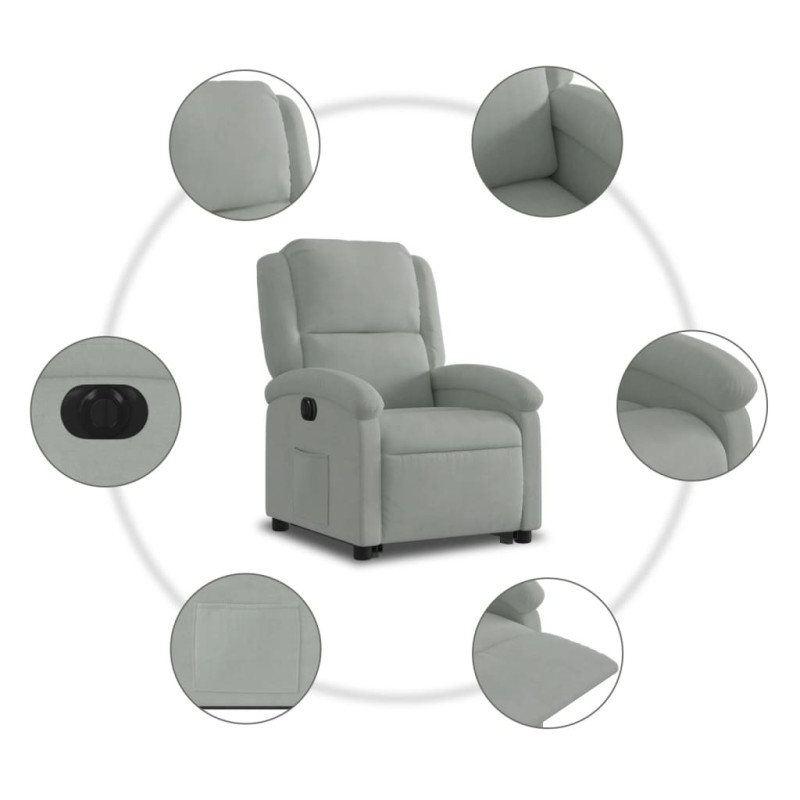 Elektryczny, podnoszony fotel rozkładany, jasnoszary, aksamit