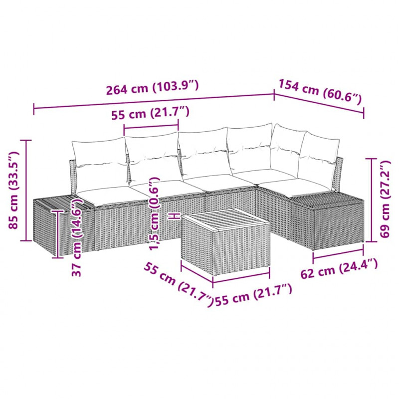 Zestaw Sof na Ogród z poduszką 6 pcs Beżowy polirattan