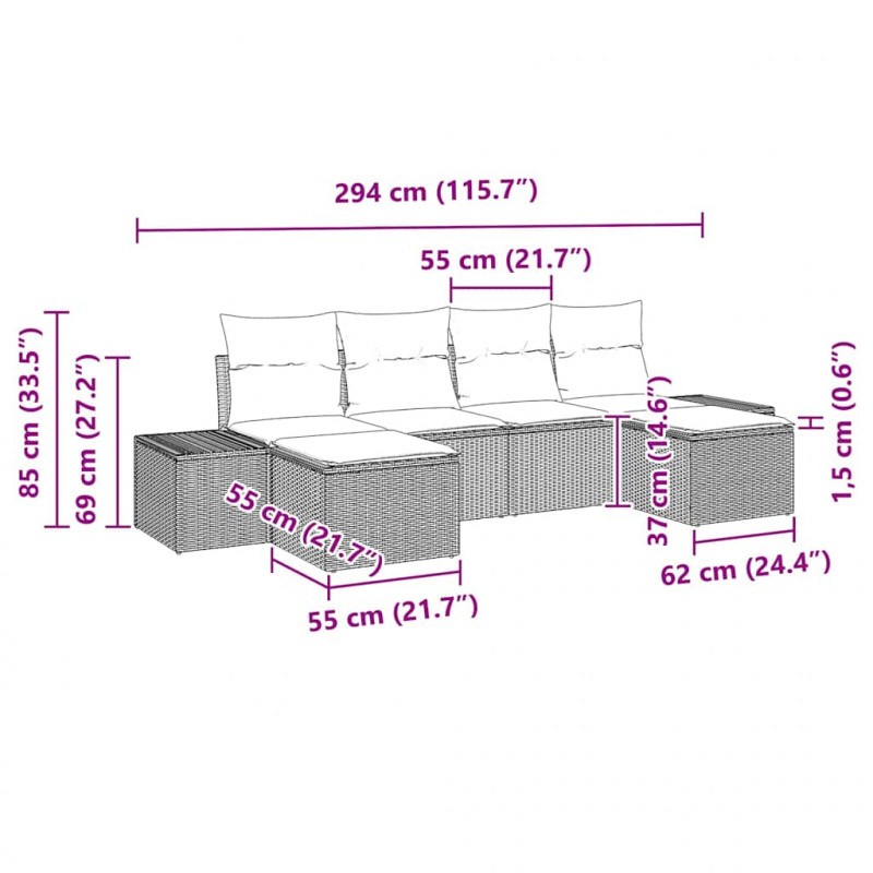 Zestaw Sof na Ogród z poduszką 6 pcs Szary polirattan