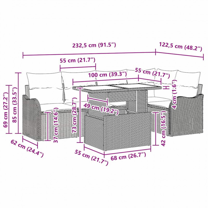 Zestaw do jadalni z poduszką 6 pcs Brązowy Polirattan