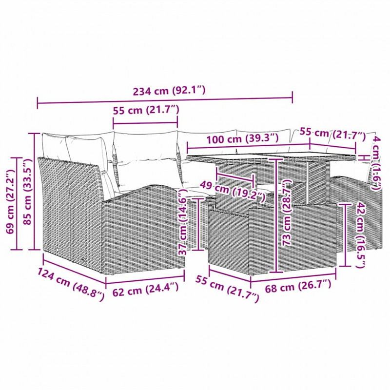 Zestaw Sof na Ogród z poduszką 7 pcs Beżowy Polirattan