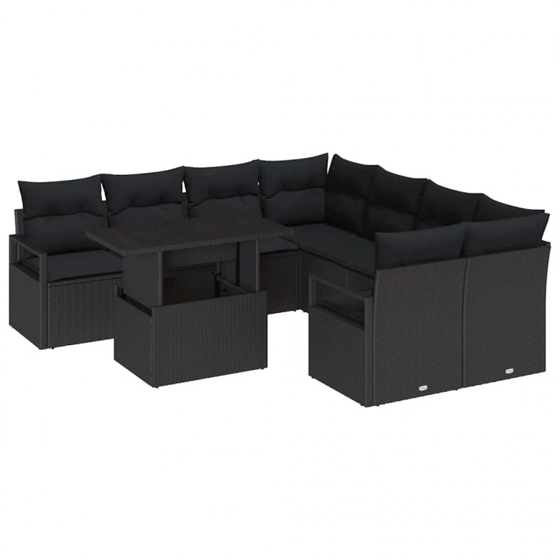 Zestaw Sof na Ogród z poduszką 9 pcs Czarny polirattan