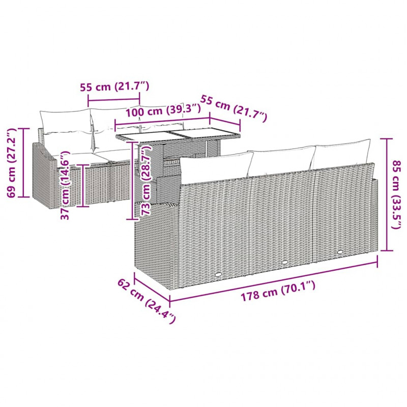 Zestaw Sof na Ogród 7 pcs Czarny i kremowy 100 x 55 x 73 cm
