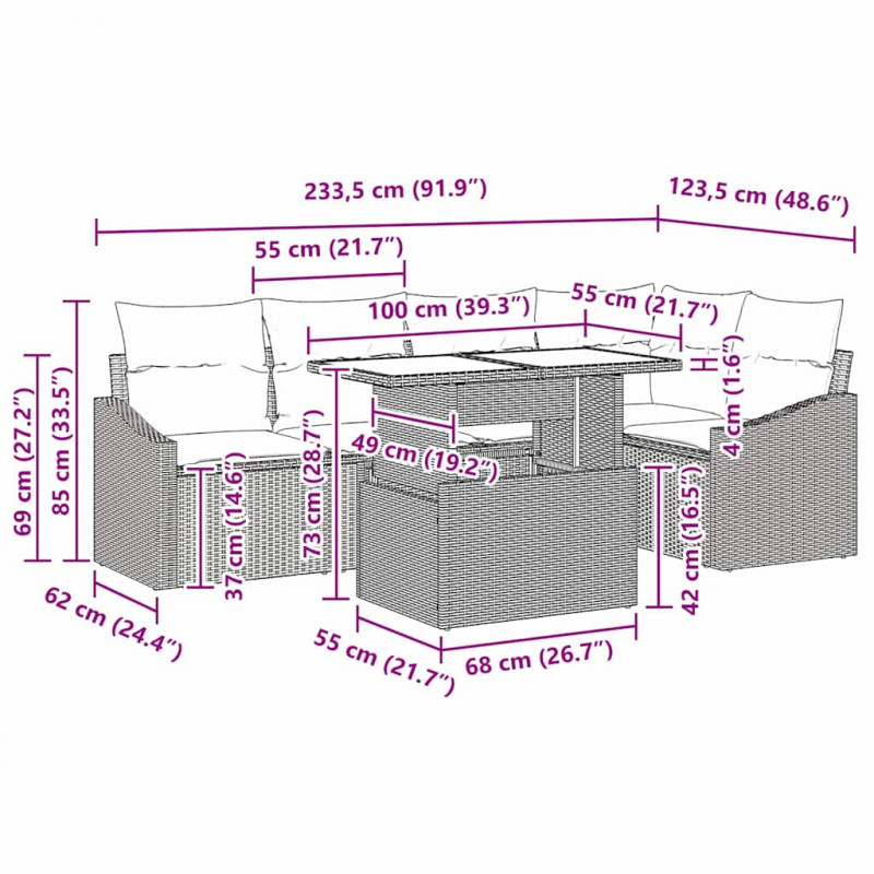 Zestaw Sof na Ogród z poduszką 6 pcs Jasnoszary