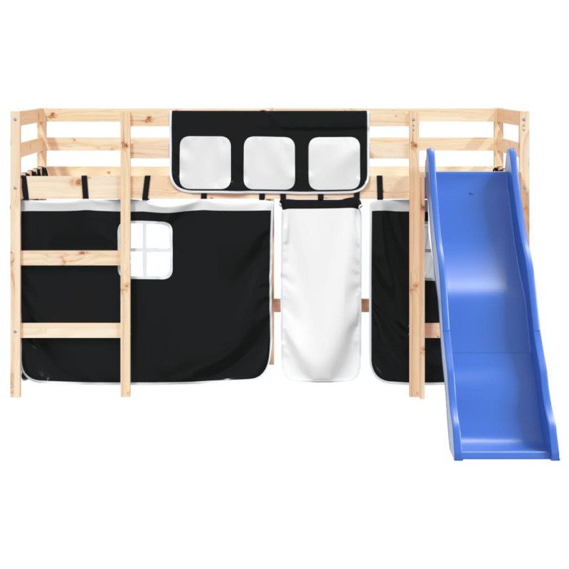 Dziecięce łóżko na antresoli, biało-czarne zasłonki, 90x190 cm
