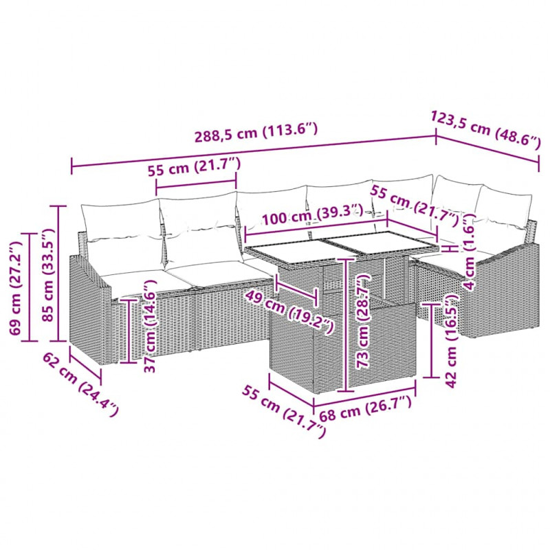 Zestaw Sof na Ogród 7 pcs Brązowy i Kremowy polirattan